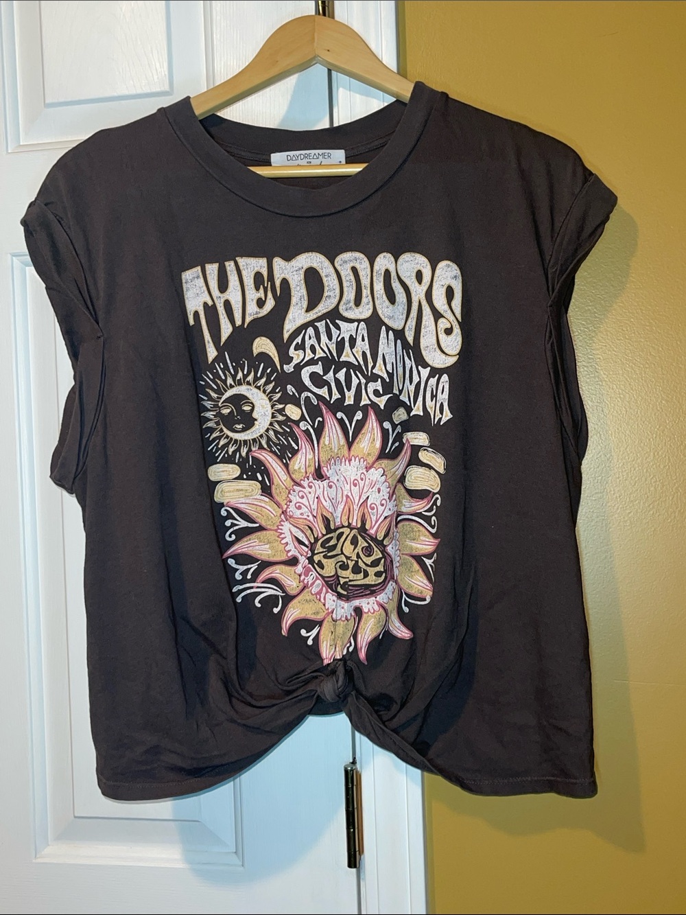 Free People Black Graphic Short Sleeve Tee with Pink & Yellow Sunflower